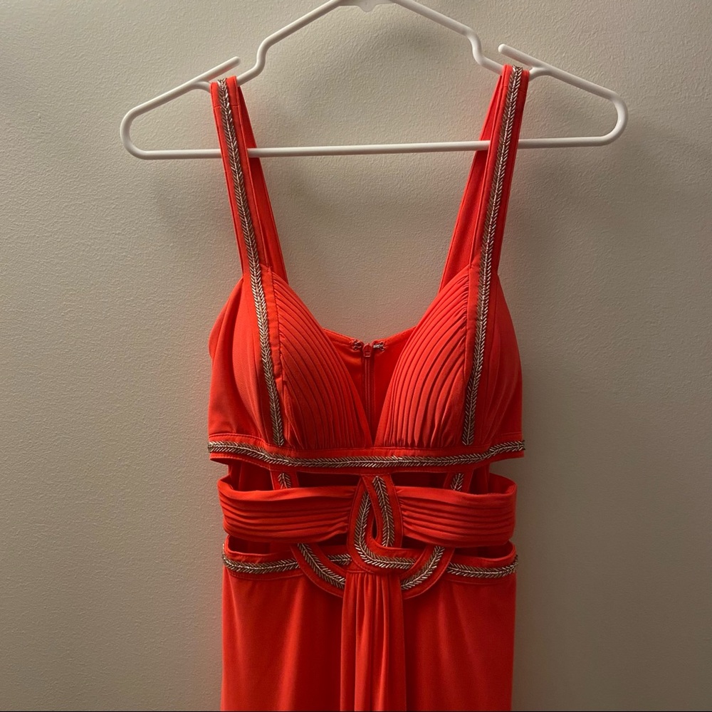 Betsy & Adam Neon Coral Cutout Beaded Prom Dress - Picture 2 of 7